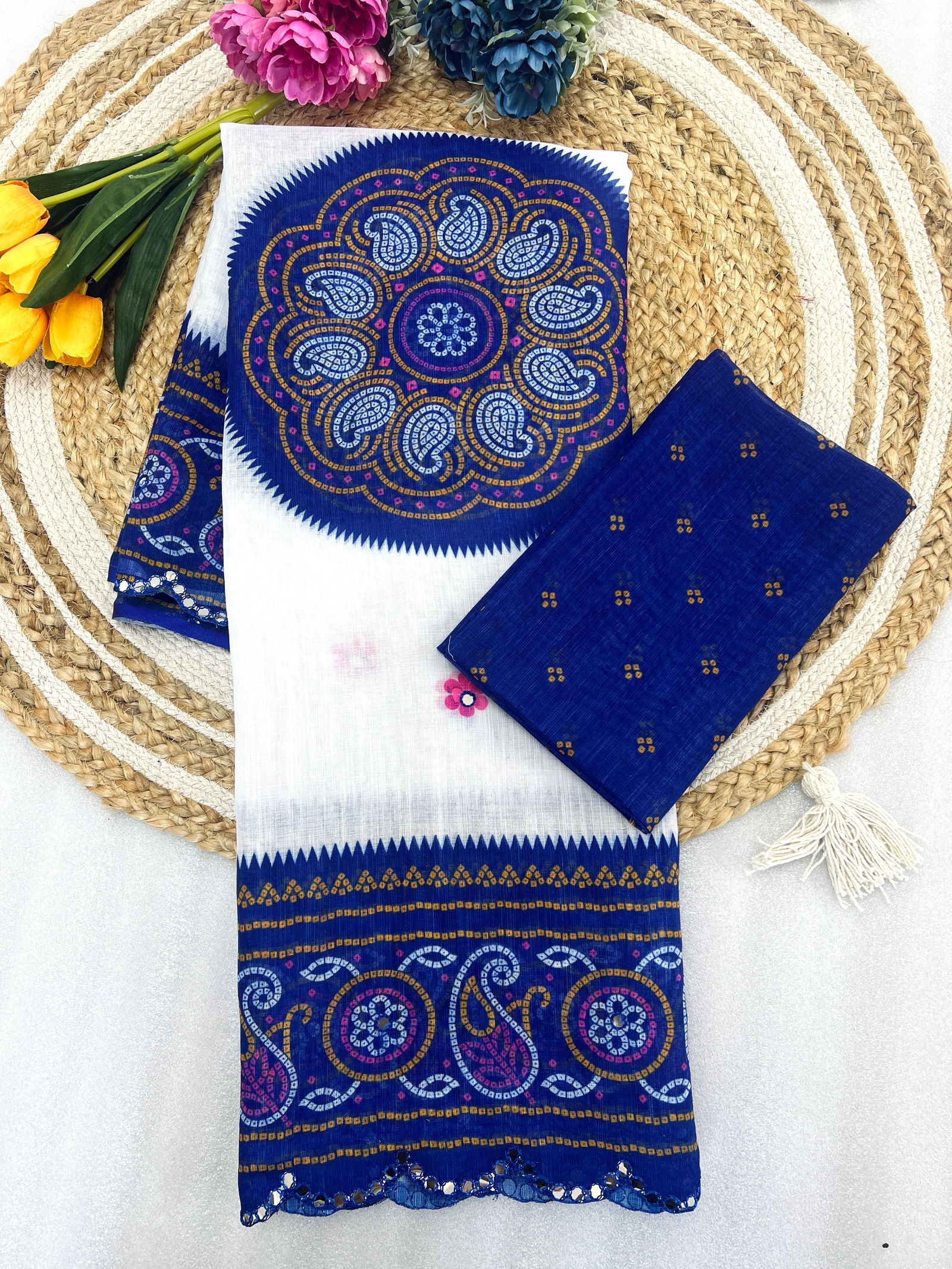 MG 407 Plain Linen Mirror Work With Digital Printed Sarees Wholesale Shop In Surat
